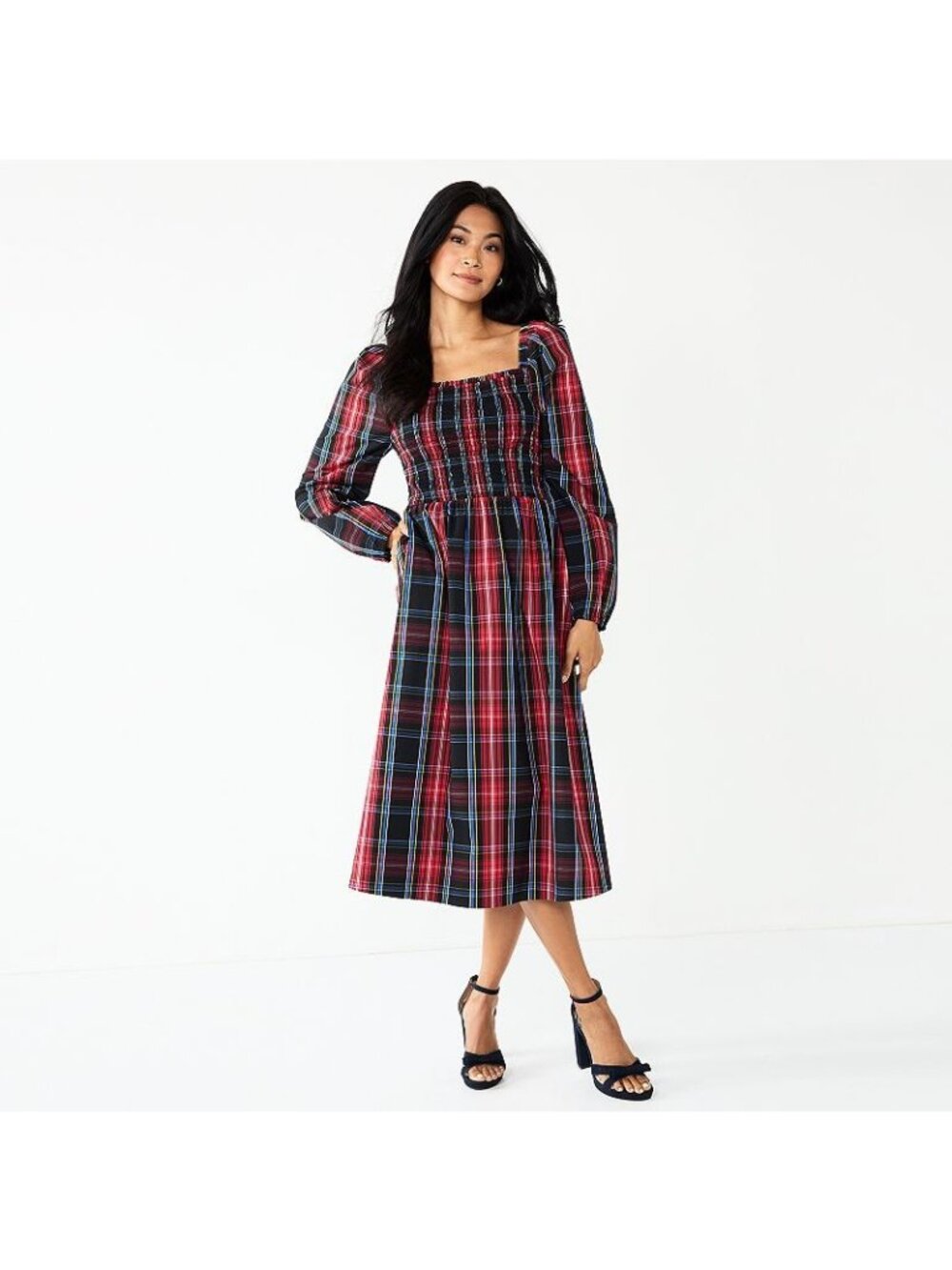Draper James RSVP Red Tartan Plaid Smocked Bodice Midi Dress Pockets Size XS